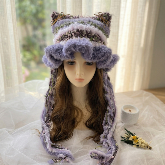 Handmade Knit Cat Ear Jellyfish Hat, Chunky Crochet Beanie with Animal Ears and Long Tassels, Balletcore Aesthetic Fluffy Winter Hat