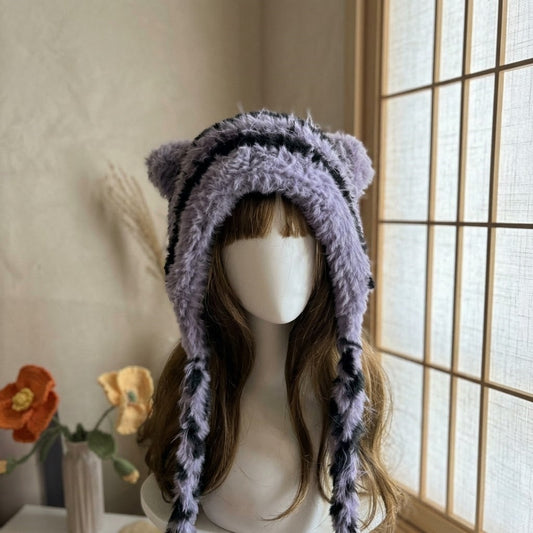 Handmade Purple Striped Cat Ear Hat - Chunky Knit Jellyfish Beanie with Long Braided Tassels - Kawaii Aesthetic Plush Winter Accessory