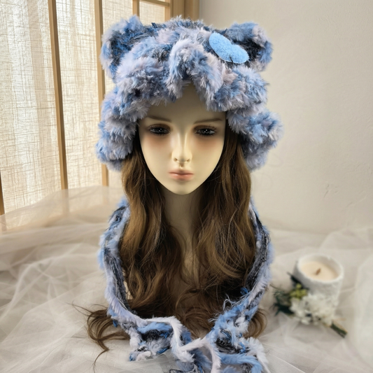 Handmade Blue Heart Bear Ear Knit Beanie - Fluffy Cloudy Blue Plush Animal Hat for Women