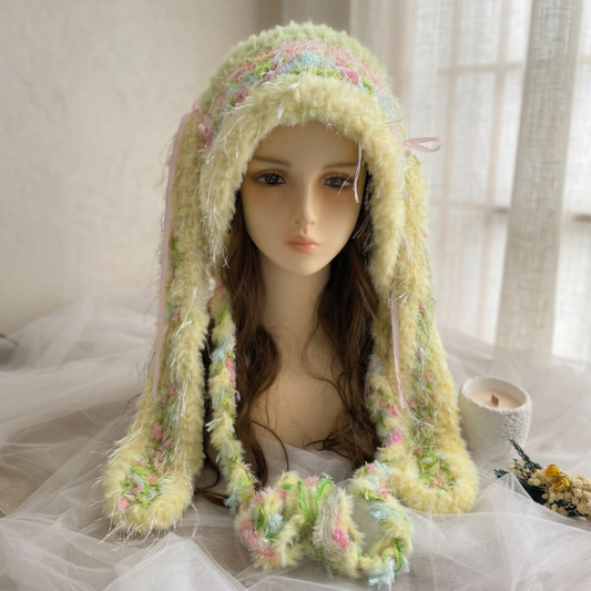 Handmade Pastel Yellow Plush Bunny Ear Hat - Soft Knit Rabbit Earflap Beanie with Pink Bows & Long Ear Straps