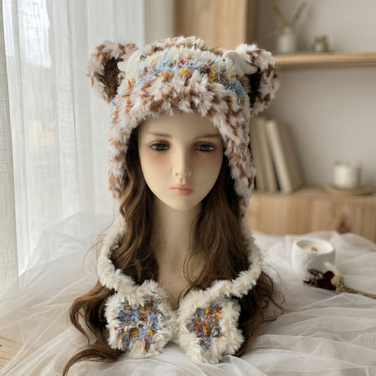 Handmade Spotted Brown Bear Ear Knit Beanie - Fluffy Cream Plush Animal Trapper Hat for Women