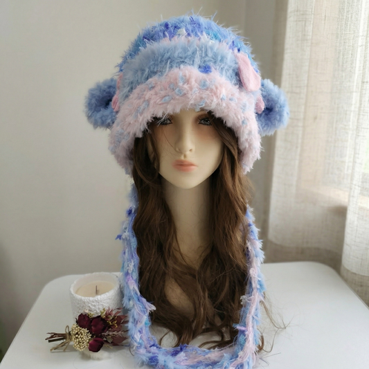 Handmade Lamb Ear Hat - Blue and Pink Fuzzy Jellyfish Beanie - Whimsical Aesthetic Plush Winter Trapper Hat with Long Straps