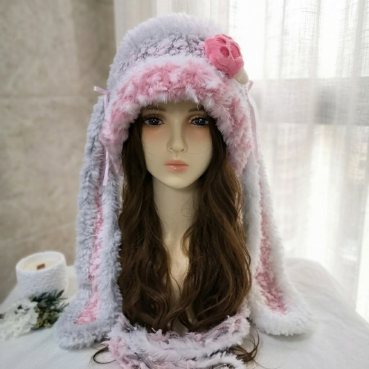 Handmade Kawaii Pink Bunny Ear Knit Beanie - Fuffy Animal Hat with Paw Detail for Women & Teens