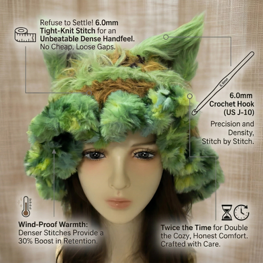 Handmade Forest Green Fox Ear Knit Beanie - Fluffy Mossy Animal Trapper Hat with Pom Poms for Women