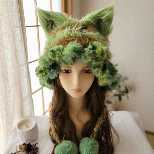 Handmade Forest Green Fox Ear Knit Beanie - Fluffy Mossy Animal Trapper Hat with Pom Poms for Women