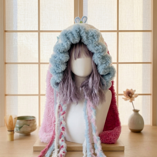 Handmade Kawaii Jellyfish Bunny Ear Beanie - Fluffy Pastel Blue & Pink Plush Animal Hat for Women