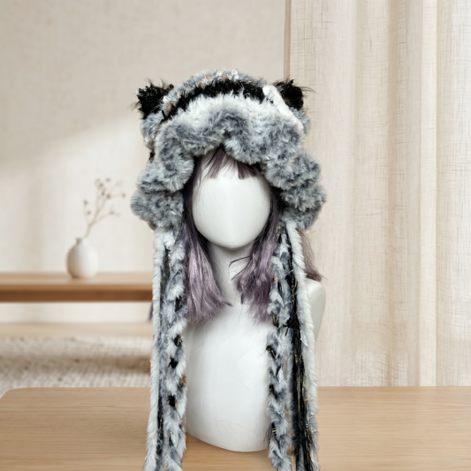 Handmade Black and White Cat Ear Hat - Shaggy Faux Fur Jellyfish Beanie with Long Tassels - Cyber Y2K Aesthetic Plush Winter Accessory