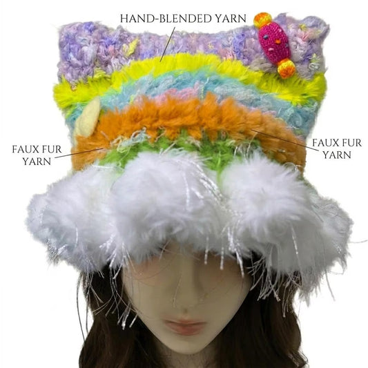 Handmade Rainbow Cat Ear Hat - Colorful Crochet Jellyfish Beanie with Tinsel Faux Fur - Whimsical Kawaii Aesthetic Winter Accessory