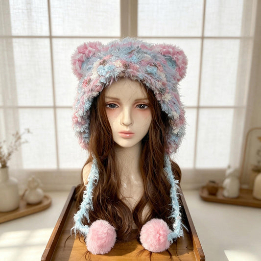 Handmade Pink & Blue Pastel Bear Ear Beanie - Fluffy Plush Animal Trapper Hat with Pom Poms for Women