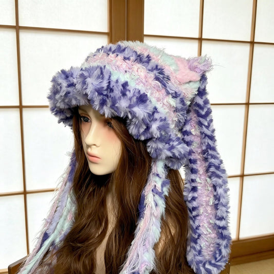 Handmade Purple & Pink Ombre Bunny Ear Beanie - Fluffy Pastel Plush Animal Trapper Hat for Women