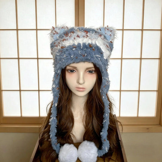 Handmade Dusty Blue Cat Ear Hat - Shaggy Faux Fur Jellyfish Beanie with Long Tassels - Vintage Aesthetic Plush Winter Trapper Hat