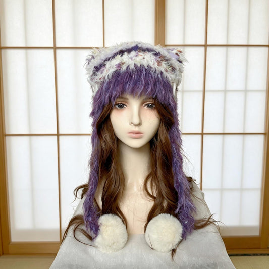 Handmade Purple and White Cat Ear Hat - Shaggy Faux Fur Jellyfish Beanie with Pom-Poms - Whimsical Aesthetic Winter Trapper Hat