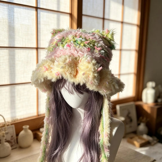 Handmade Pastel Rainbow Cat Ear Hat - Shaggy Faux Fur Jellyfish Beanie with Long Tassels - Fairycore Aesthetic Plush Winter Accessory