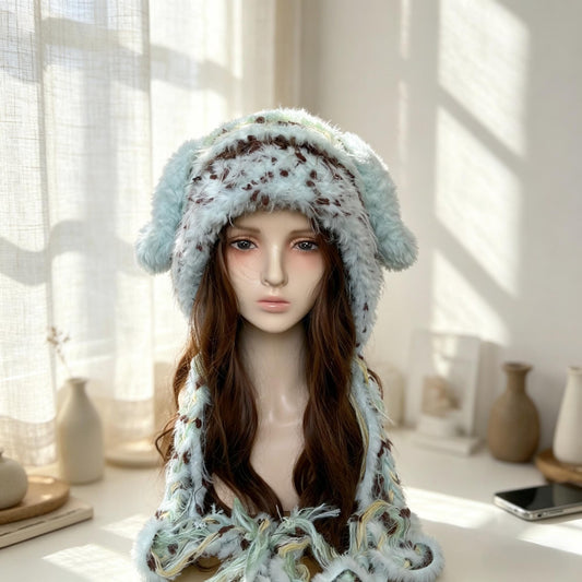 Handmade Mint Green & Coffee Spotted Bunny Ear Beanie - Fluffy Plush Animal Trapper Hat for Women