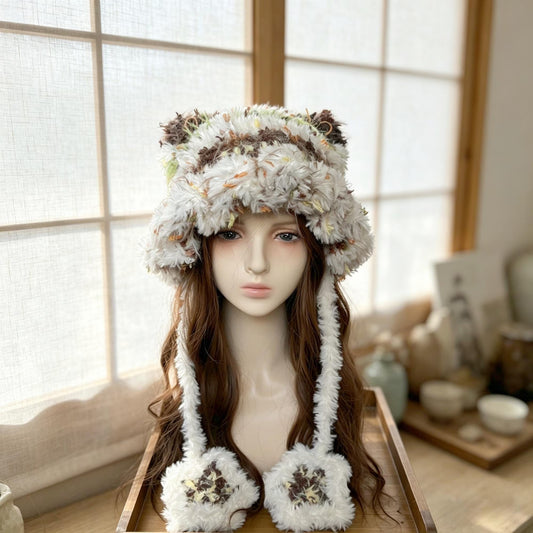 Handmade Forest Moss Cat Ear Hat - Shaggy Faux Fur Jellyfish Beanie with Pom-Poms - Cottagecore Aesthetic Plush Winter Trapper Hat