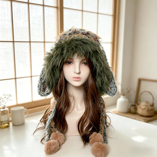Handmade Bunny Ear Hat - Moss Green Fuzzy Jellyfish Beanie - Plush Winter Trapper Hat with Pom-Poms