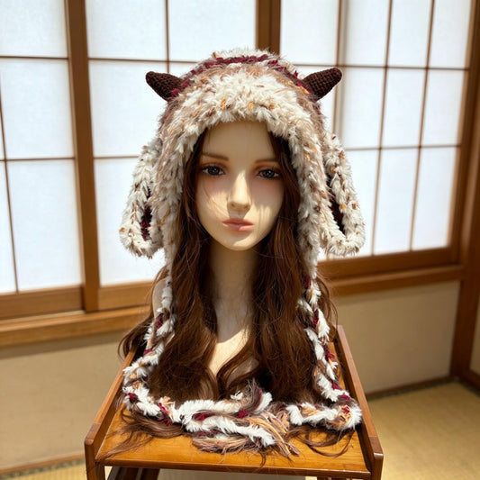 Handmade Lamb Ear Hat - Brown & Cream Fuzzy Jellyfish Beanie - Plush Winter Trapper Hat